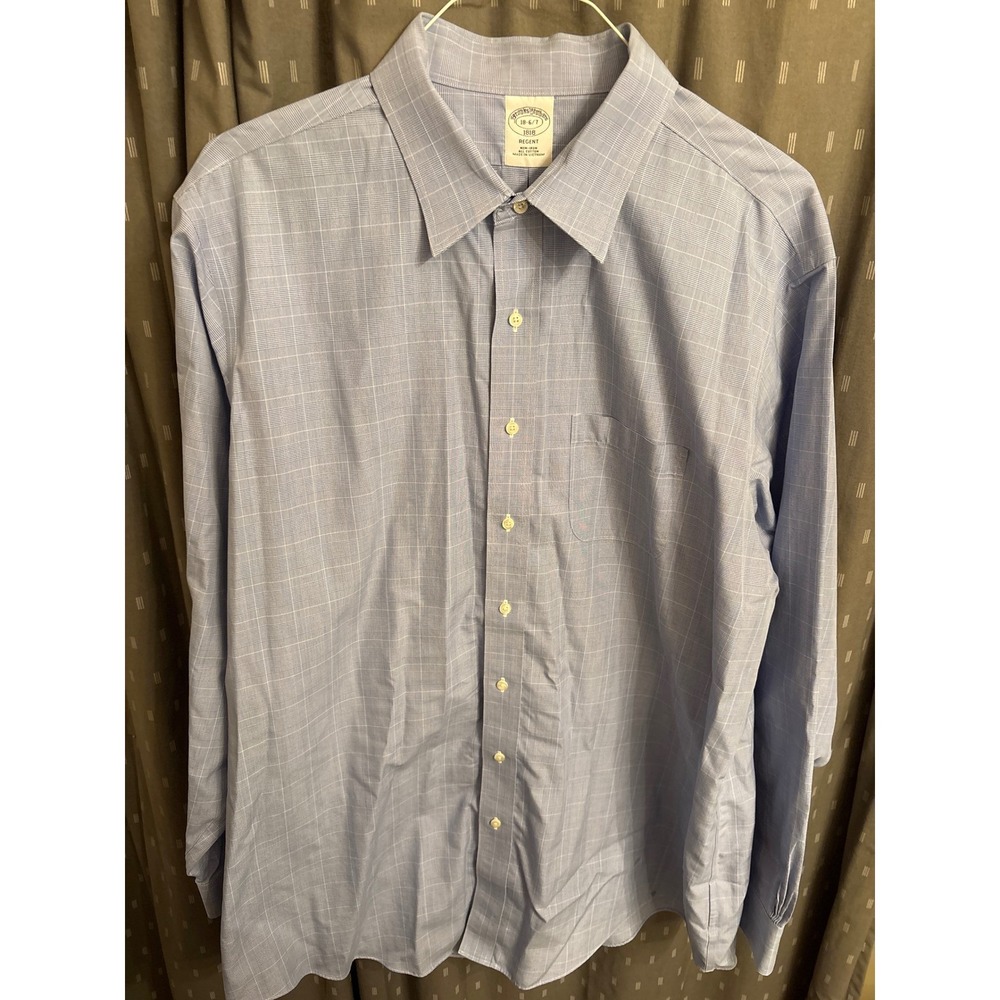 Brooks Brothers 1818 Regent Dress Shirt 18-6/7 Blue Glen Plaid Non-Iron Cotton